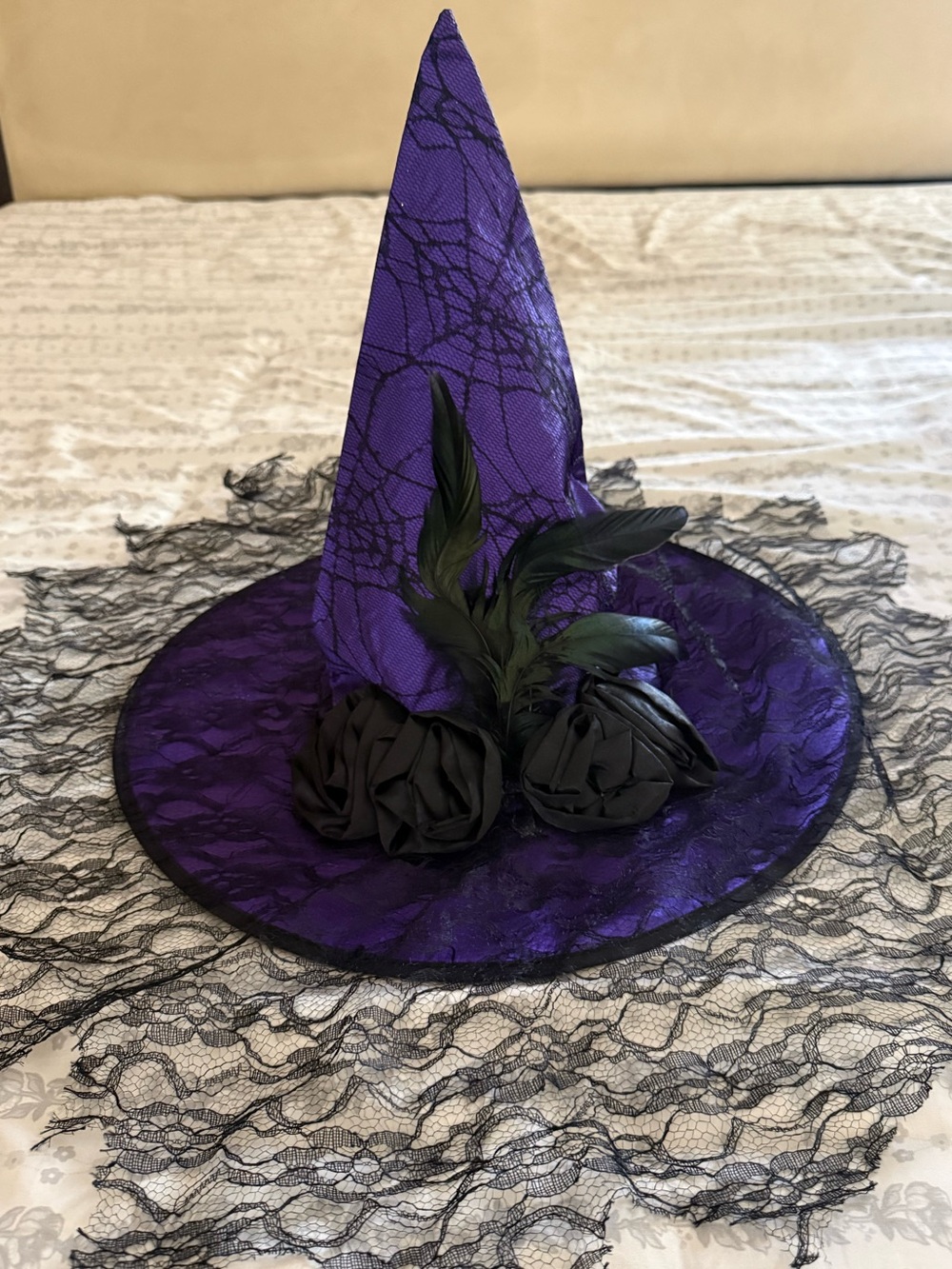 Purple Witch Hat with Black Rose & Feather Accents - Halloween